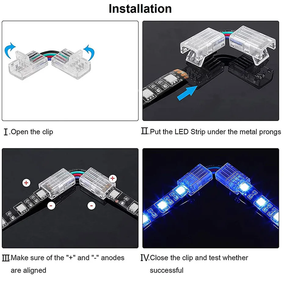 LED Strip Connector 10mm 3/4 Pin L Shape Solderless Wire Connectors For RGB WS2811 SMD 5050 Tape Light DIY Home Decoration