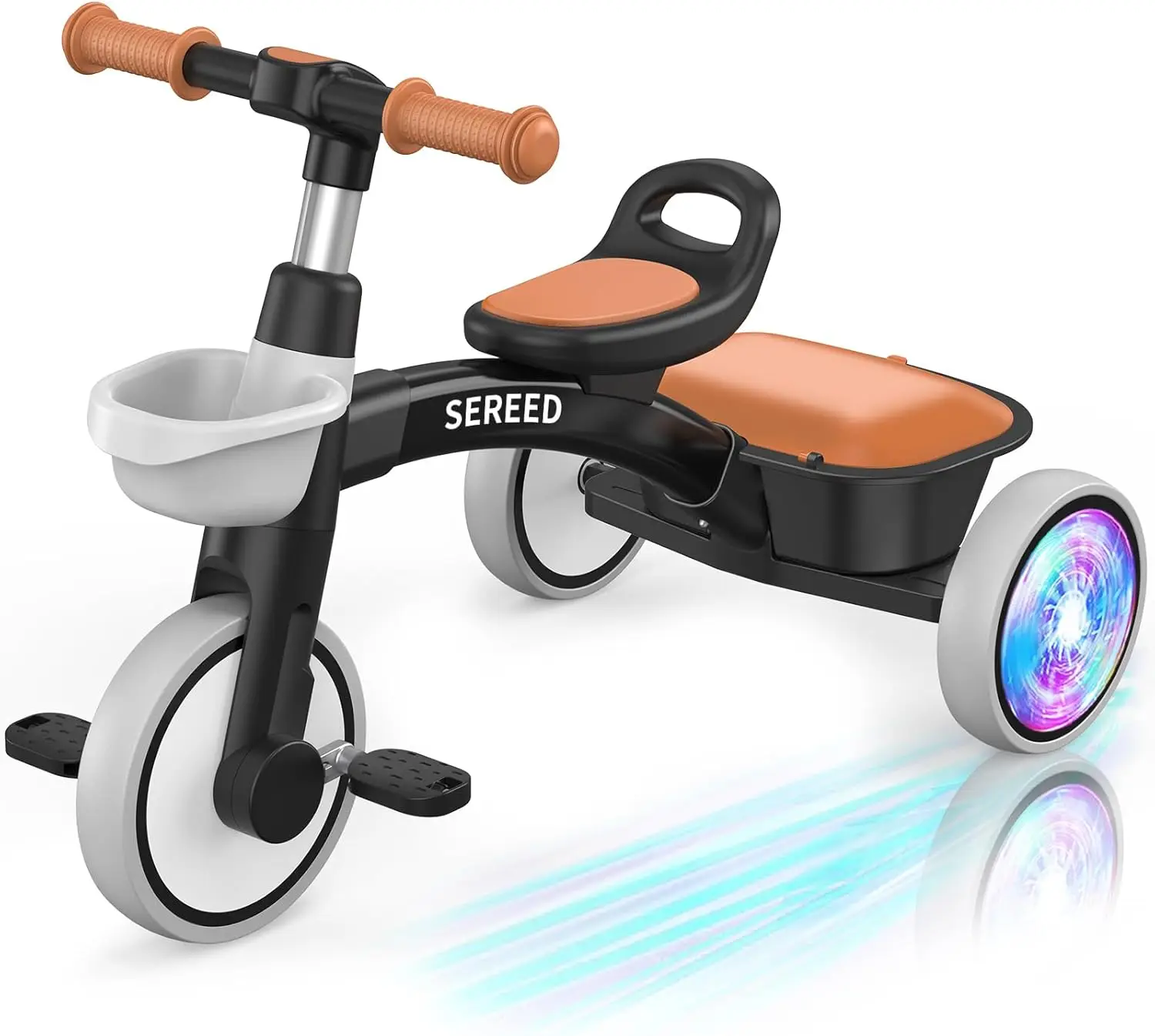 Kolorowe oświetlenie trójkołowy dla małych dzieci dla chłopców w wieku 2-5 lat, regulowany fotel i kierownica Trike, wyjmowany kosz, pomysł na prezent urodzinowy