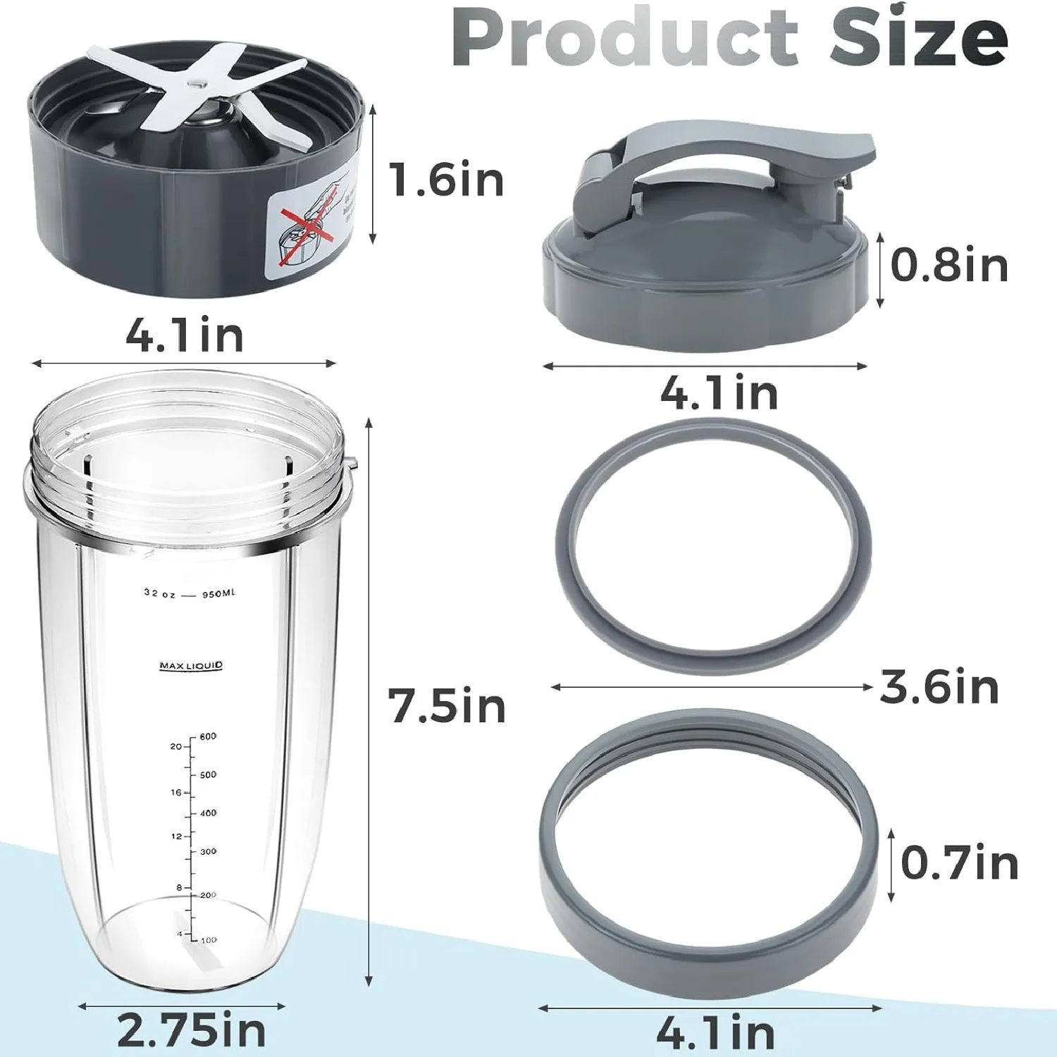 1 Set Blender 32oz Huge Cup with Flip-Top To-Go Lid,Extractor Blade Lid Ring,Rubber Gaskets,Brush Kit for Nutribullet 600W/ 900W