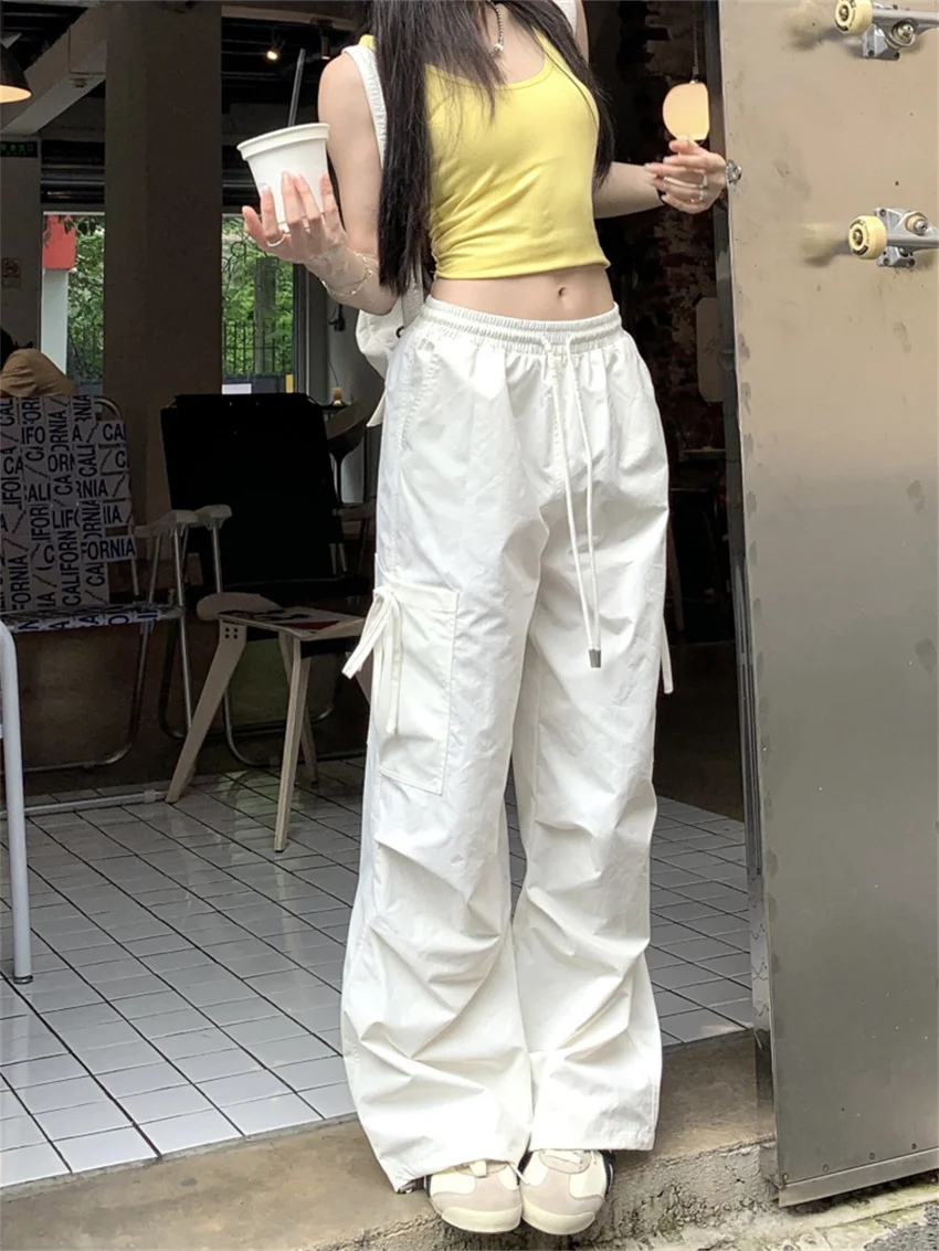 PLAMTEE Fashion Solid Pants Women Drawstring Chic Loose All Match Summer 2024 Wide Leg Sports High Waist Streetwear Casual