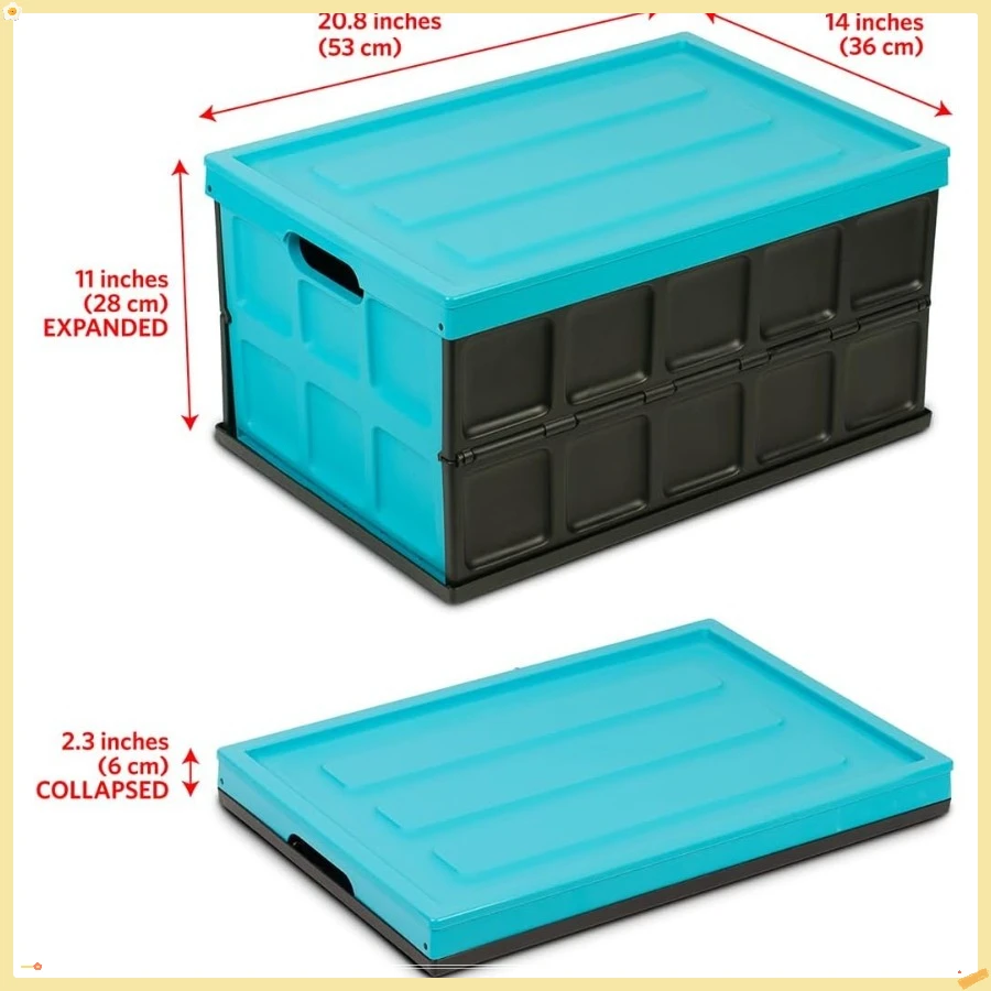 Collapsible Storage Bin with Lid - 48L Foldable Plastic Box , Organization - Stackable Lidded Container with Handles, Turquoise