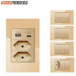 20A Brazil Wall Socket USB Tomada&Type C Power Plug Pressure Switch Tempered Gold Glass Panel Brasil Jack Outlet Home Office