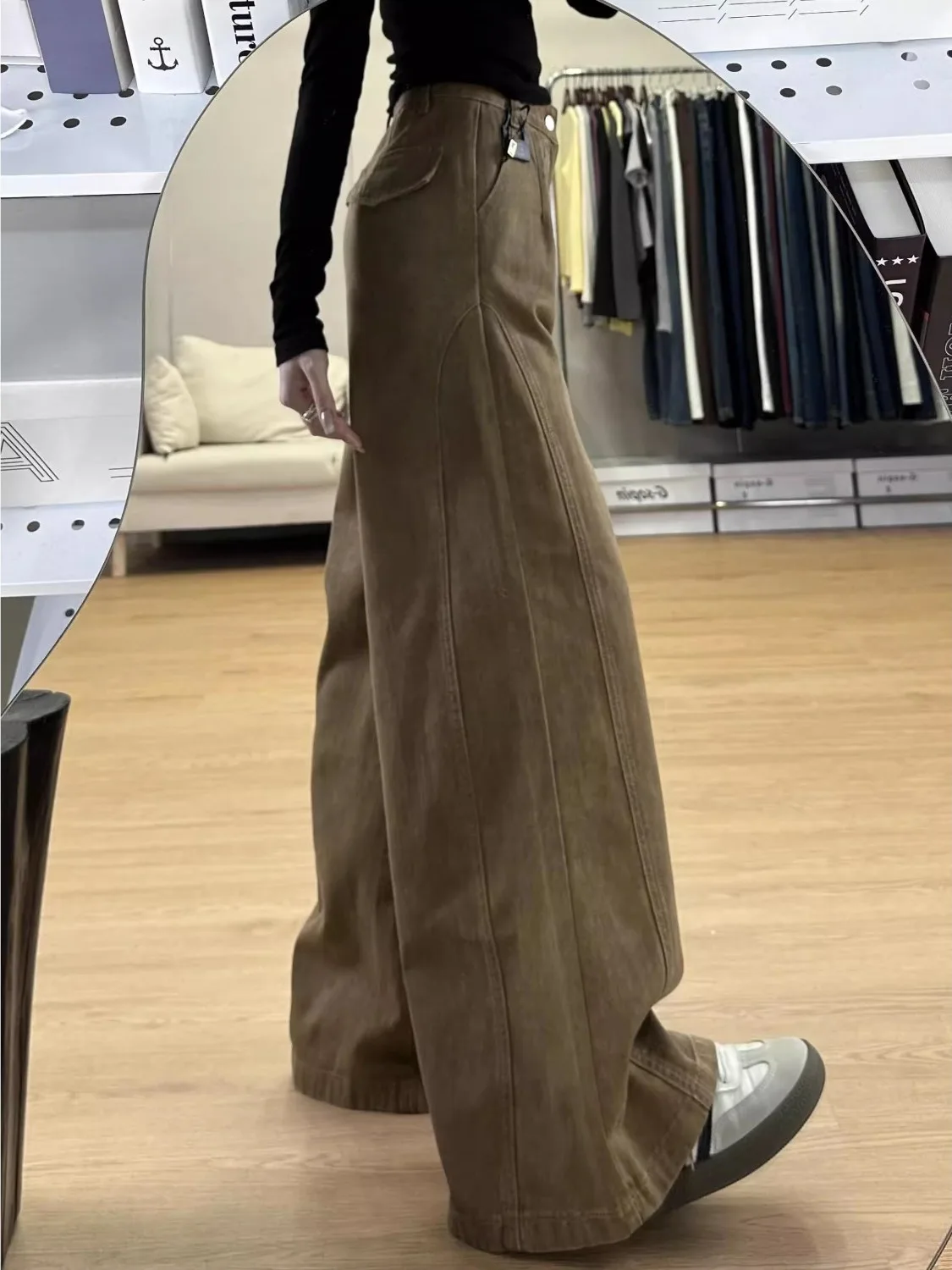 American Retro High Waist Khaki Wide Leg Jeans Women's Loose Lazy Loose Draping Floor-Length Pants Autumn New Style