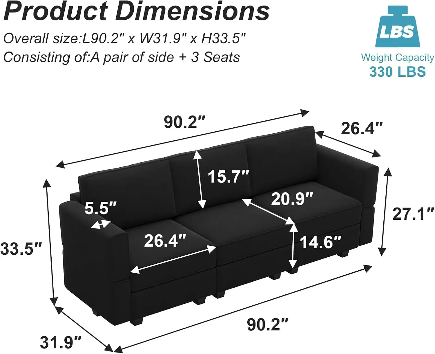 Belffin Modular Sofa Couch with Storage Seats Velvet 3 Seater Sofa for Living Room Black