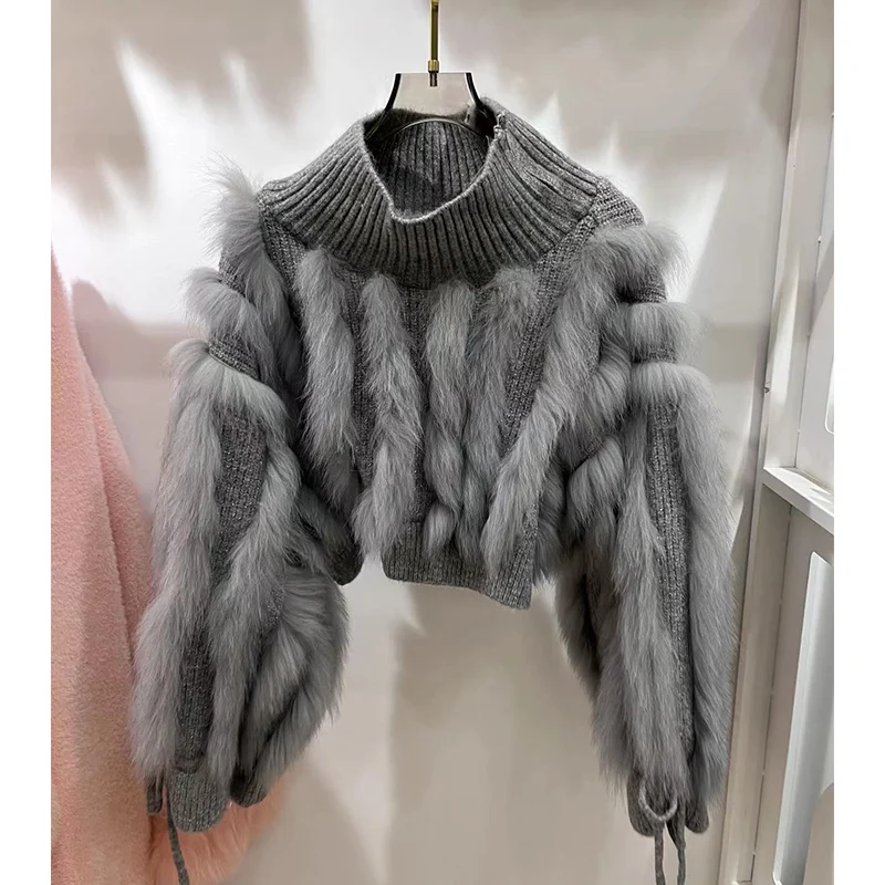 2023Autumn Spring Short Sweater Women Coat Fashion Real Fox Fur Knitted Sweater Real Fur Loose Full Sleeves Female Coats