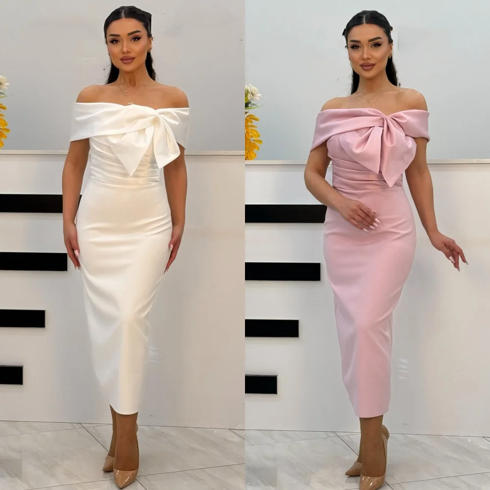 

Customized Sizes Available Exquisite Charmeuse Bow Ruched Straight Off-the-shoulder Tea Length Dresses Bespoke Occasion Dresses