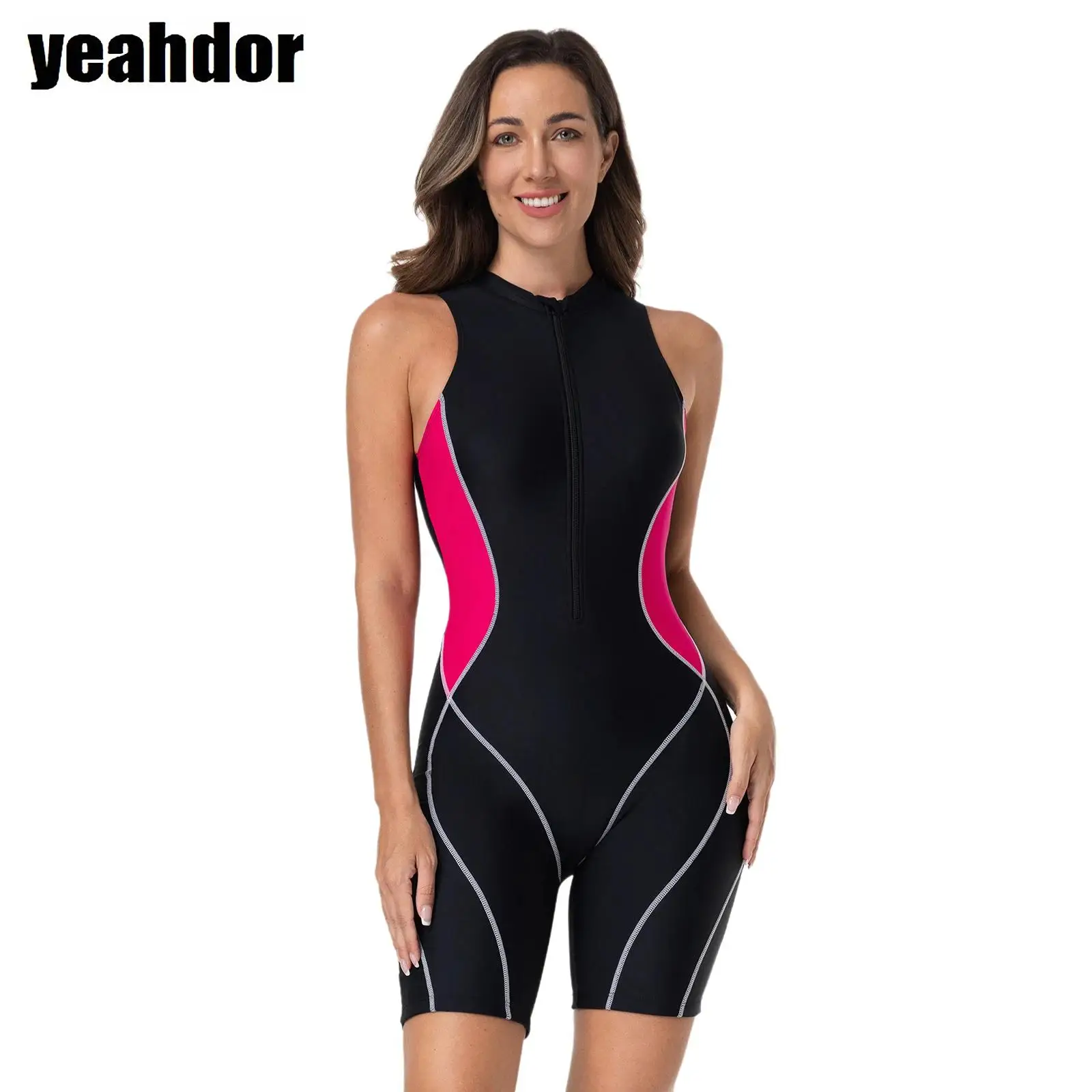 

Women One-piece Athletic Swimsuit Sleeveless Boyleg Zipper Jumpsuit Tight Fitting Swim Bodysuit Surfing Bathing Wetsuit Dancewea