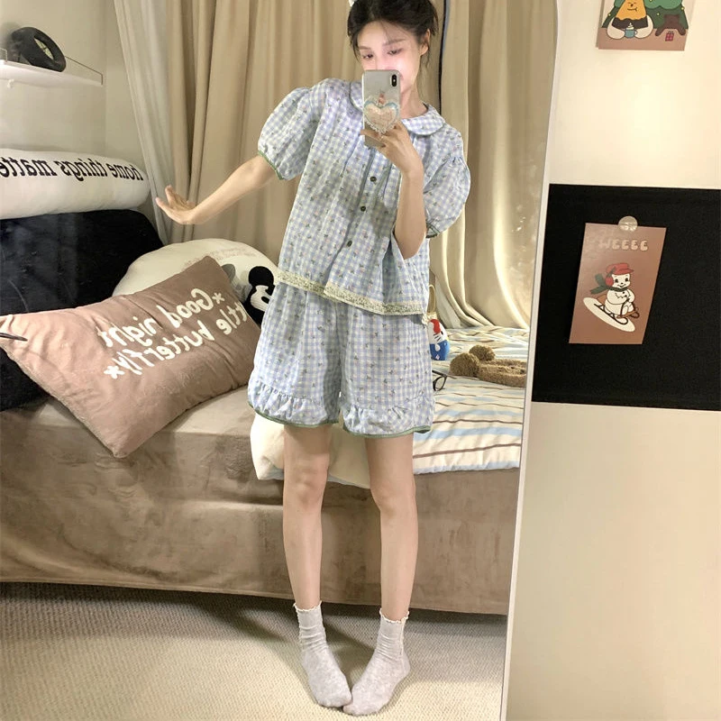 Plaid Women Pajamas Summer Floral Sleepwear Sleeveless Piiama Korean Night Wears Sets 2 Pieces Peter Pan Collar Home Suit 2024