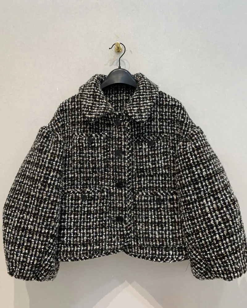 Japanese Fashion Vintage Plaid Tweed Jackets Turn-down Collar Puff Sleeve Loose Cropped Coats 2024 Autumn Winter New Outwears