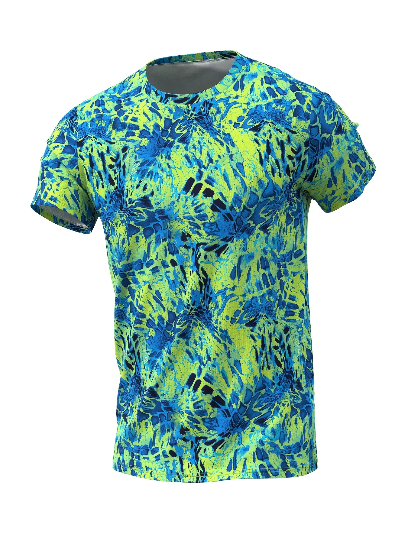 Men High Elastic Quick Dry Sports Compression Shirt Tie Dye Green Blue Print Short Sleeve Gym Workout Running Top