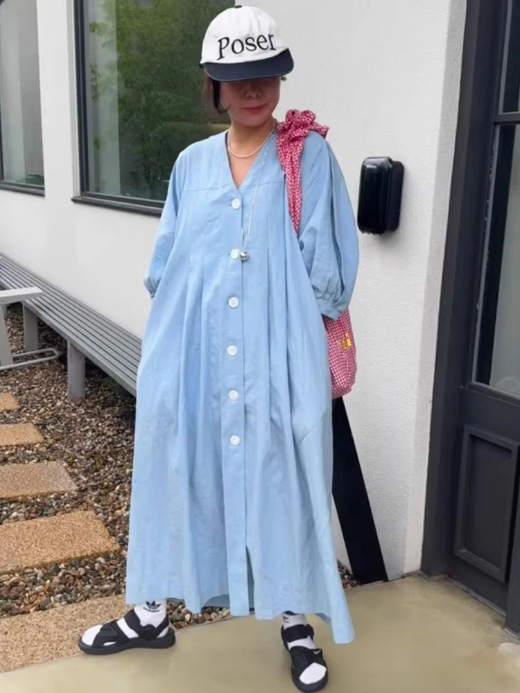 Chic Summer Anti-Aging V-Neck Pleated Loose Casual Single Button Long Lantern Sleeve Dress Women\'s Fashion Commute Style