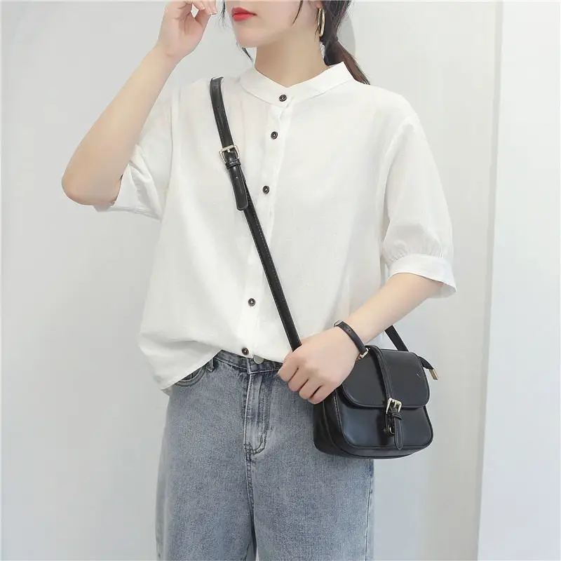 Women Summer Vintage Simplicity Loose Solid Color Appear Thin O-neck Short Sleeve Shirts Women Clothes Fashion All-match Tops