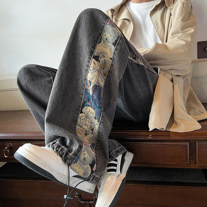Men's jeans trend Embroidery printed flower drawstring pants fashion street hip-hop jeans loose casual wide-leg straight pants