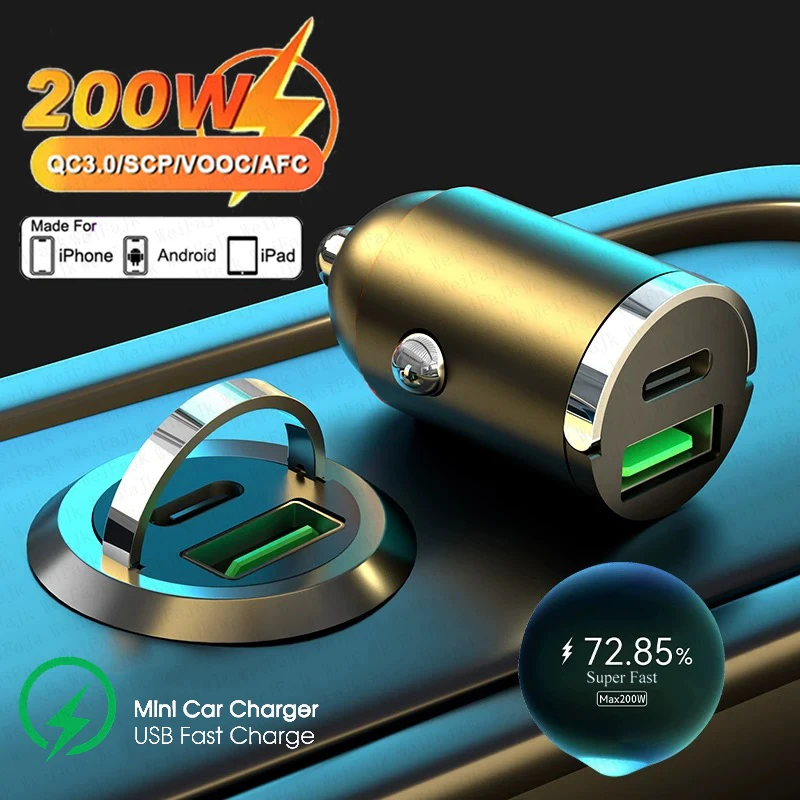 200W USB Type C Dual Ports Car Charger Lighter Quick Charge 4.0 3.0 For iPhone Xiaomi Huawei Samsung Fast Charging Phone Charger