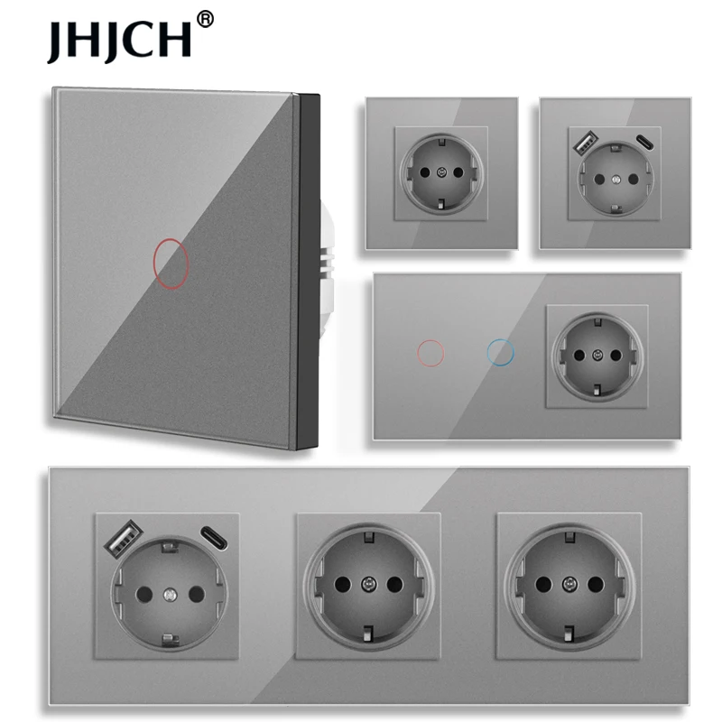 16A Wall Power Socket Europe Russia Spain Germany White Black Grey Crystal Glass Panel Home Improvement 86*86mm