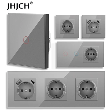 16A Wall Socket Europe Russia Spain Germany White Black Gray Crystal Glass Panel Home Improvement 86*86mm