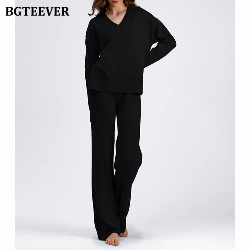 BGTEEVER Set maglione da donna allentato casual Pullover invernale con scollo a V a maniche lunghe e pantaloni dritti Pantaloni lavorati a maglia Abiti da donna