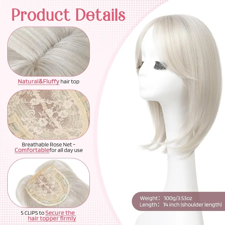 ท็อปเปอร์ผมยาวแบบมีเลเยอร์พร้อมหน้าม้า ออกแบบมาสำหรับผู้หญิงที่มีปัญหาผมบาง ขนาด 14 นิ้ว ปลายผมหยิกเล็กน้อย ผลิตจากเส้นใยสังเคราะห์