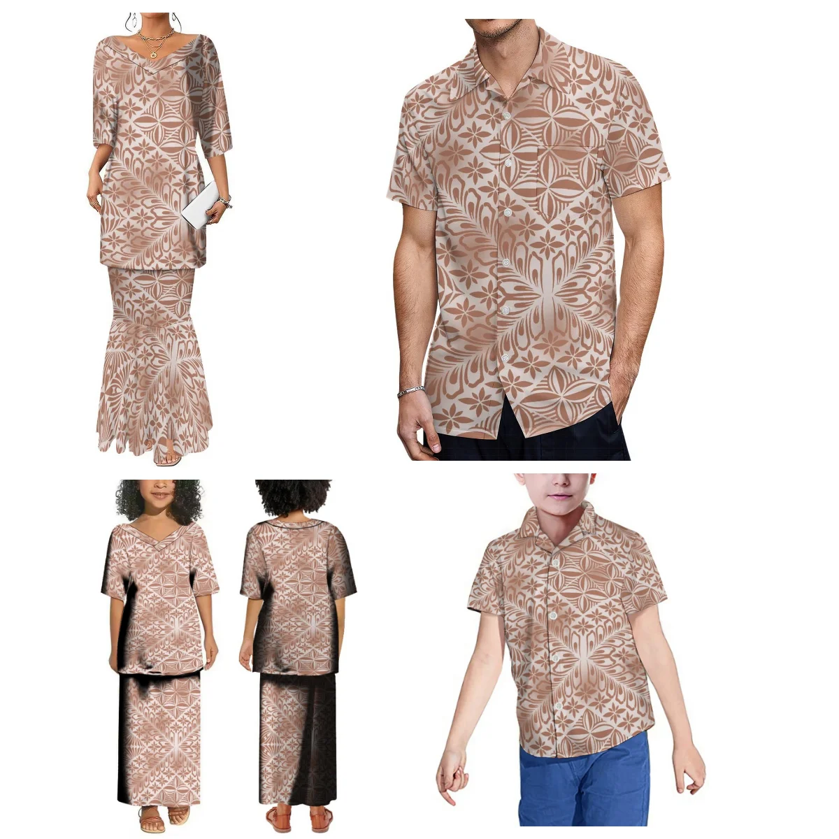 Hawaiian Vacation Family Party Dress Mother-Daughter Dress Puletasi Dress And Men'S Shirt Polynesian Adult Children'S Dress