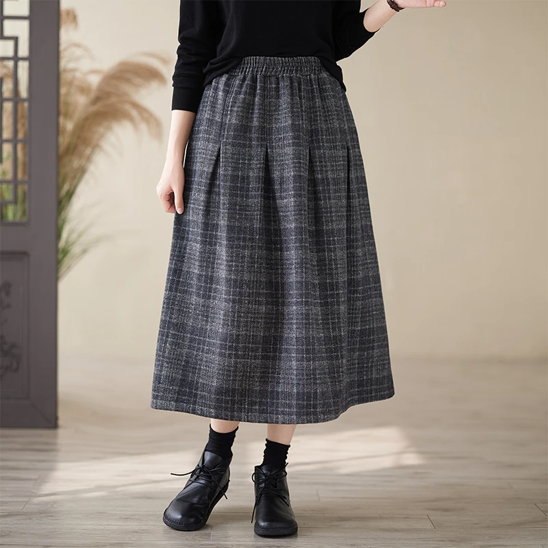 Warm Plaid Skirt Women's Autumn Winter Heavy Work Half-length Midi Dressing Style Commute High Waist A-line Long Skirt
