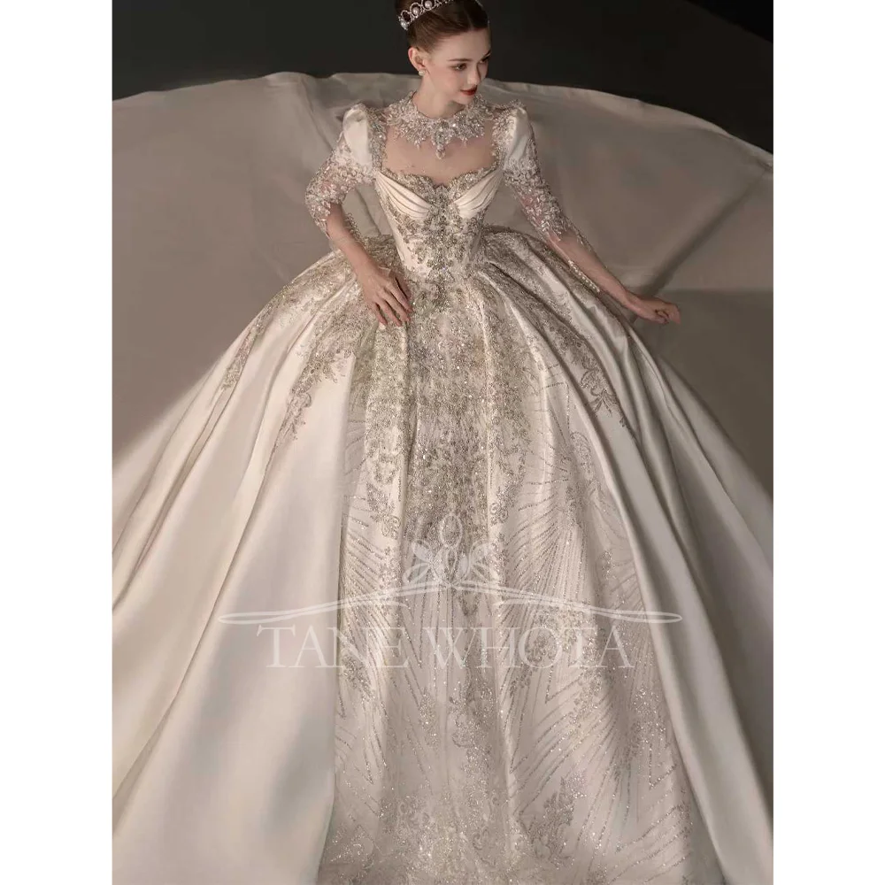 

Свадебное платье с круглым вырезом и длинными рукавами, вышивка бисером и кристаллами, бальное платье, сексуальное свадебное платье по индивидуальному заказу