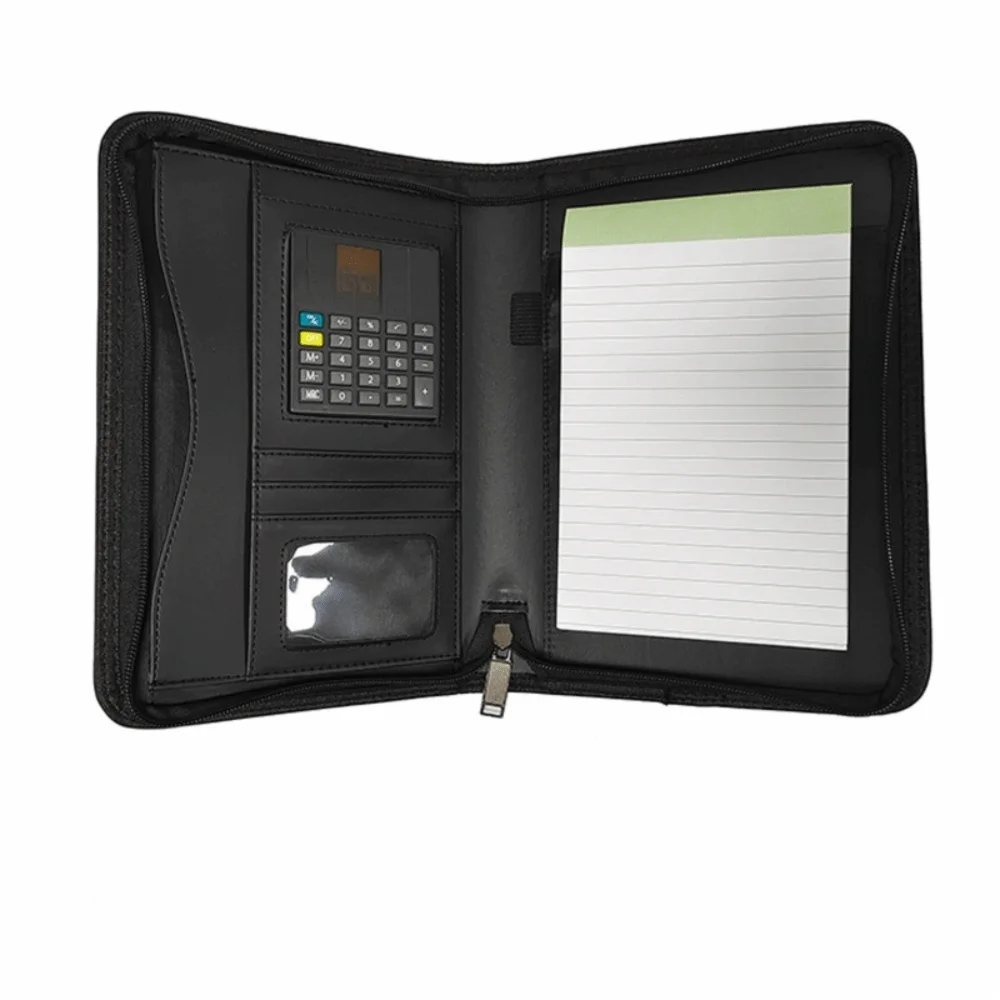 PU Leather Business Portfolio Zippered Closure 3 Ring Binder Padfolio Folder Card Slots A5 Size Writing Pad Portfolio Office Use