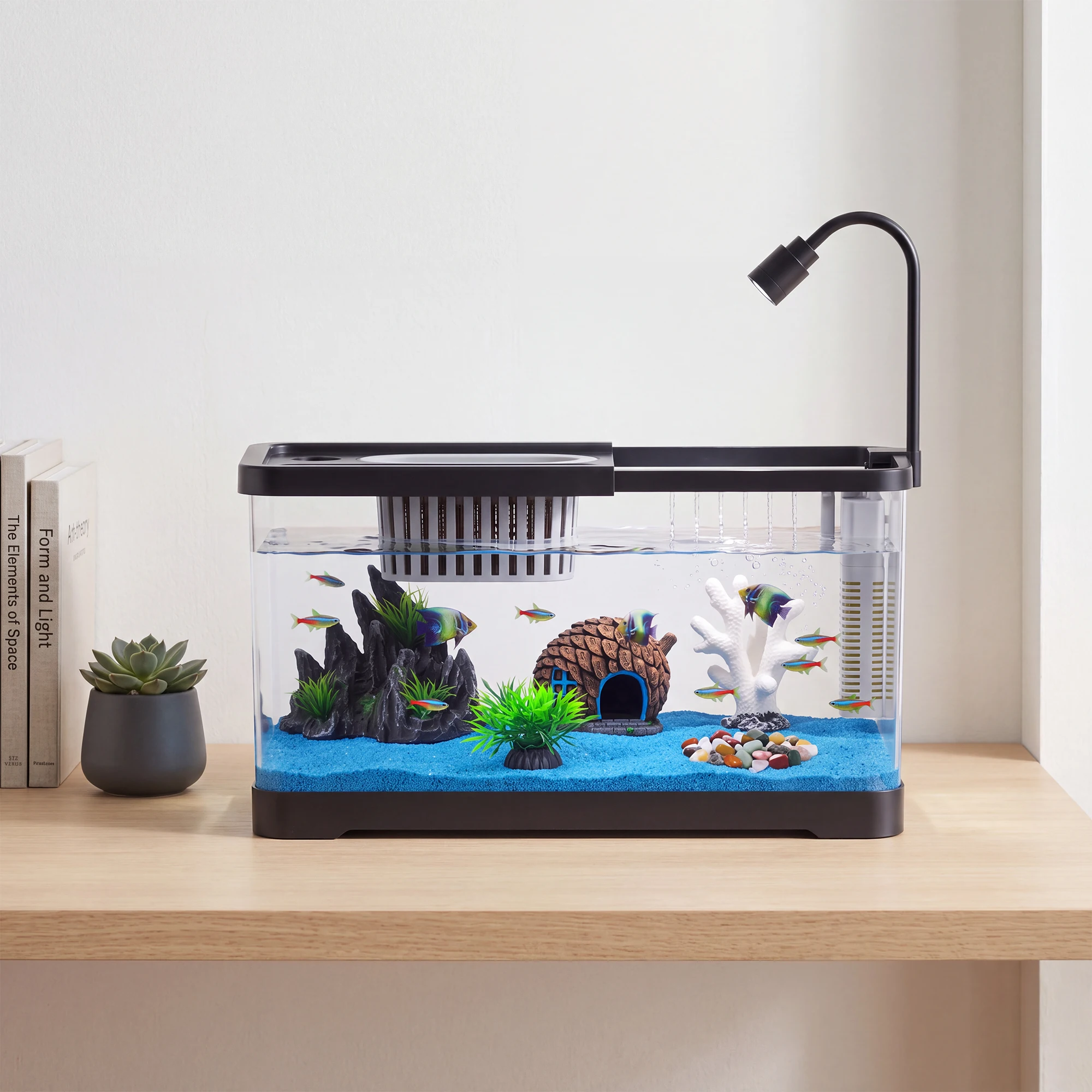 Kit de démarrage pour aquarium compact, avec éclairage LED intégré et pompe à oxygène, installation rapide pour poissons betta, poissons rouges et crevettes.