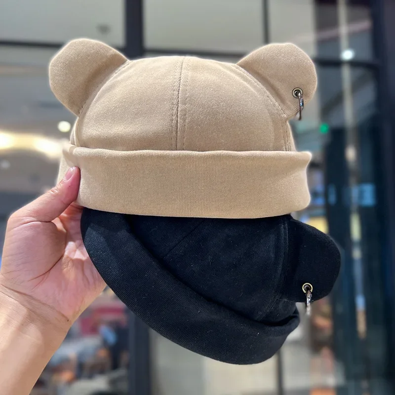 New Cute Cat Ear Dome Caps Men Melon Beanie Hats Women Solid Color Hip Hop Hat Fashion Korean Version Melon Cap