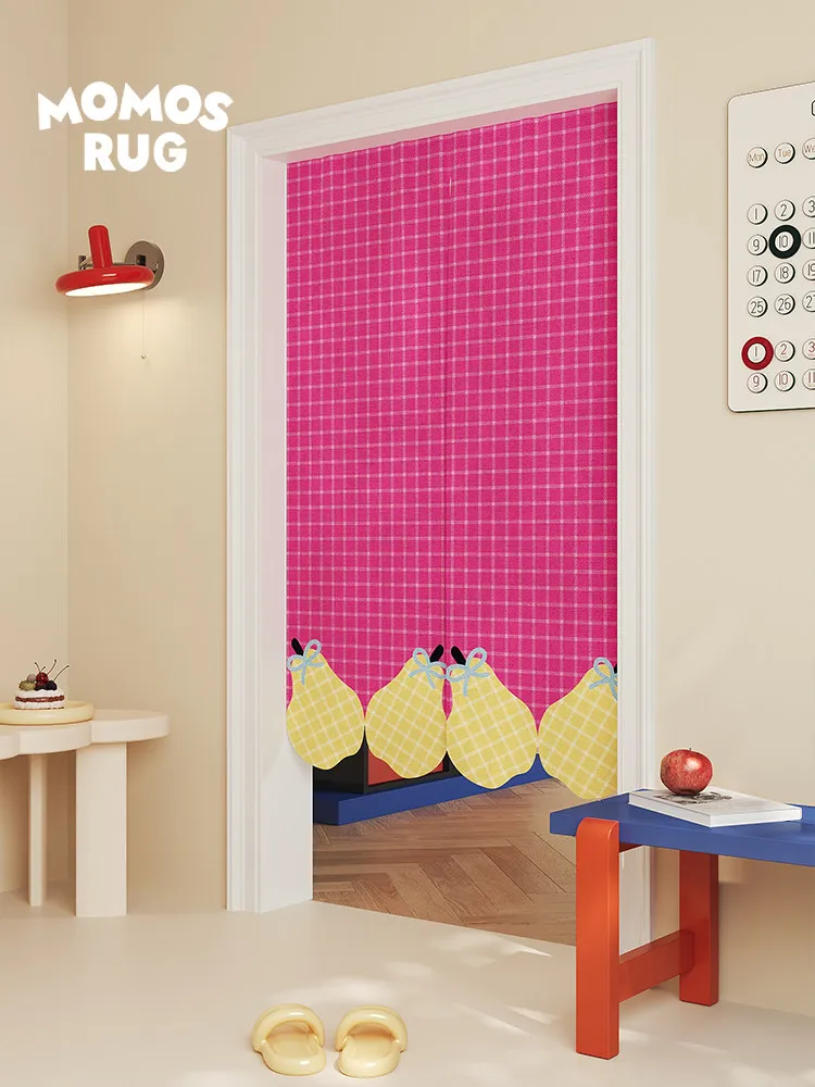 VIKAMA Pink Plaid Pear Noren Door Curtain Sweet Cartoon Fruit Hanging Curtain Kitchen Entrance Partition Home Decor
