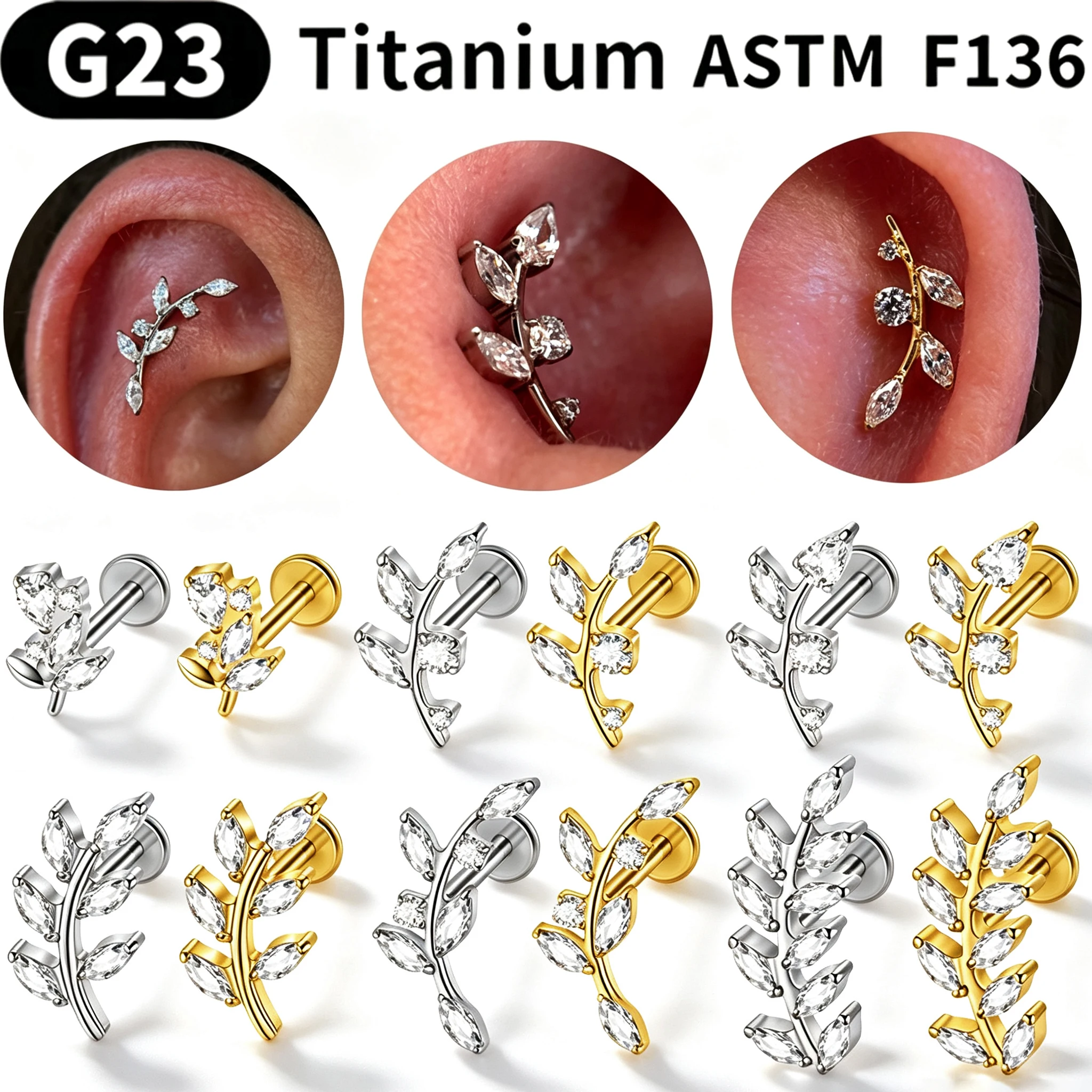 16G G23 Solid Titanium Lip Stud Leaf Zircon Internal Thread Piercing Jewelry Tragus Helix Conch Cartilage Ear Studs Piercing