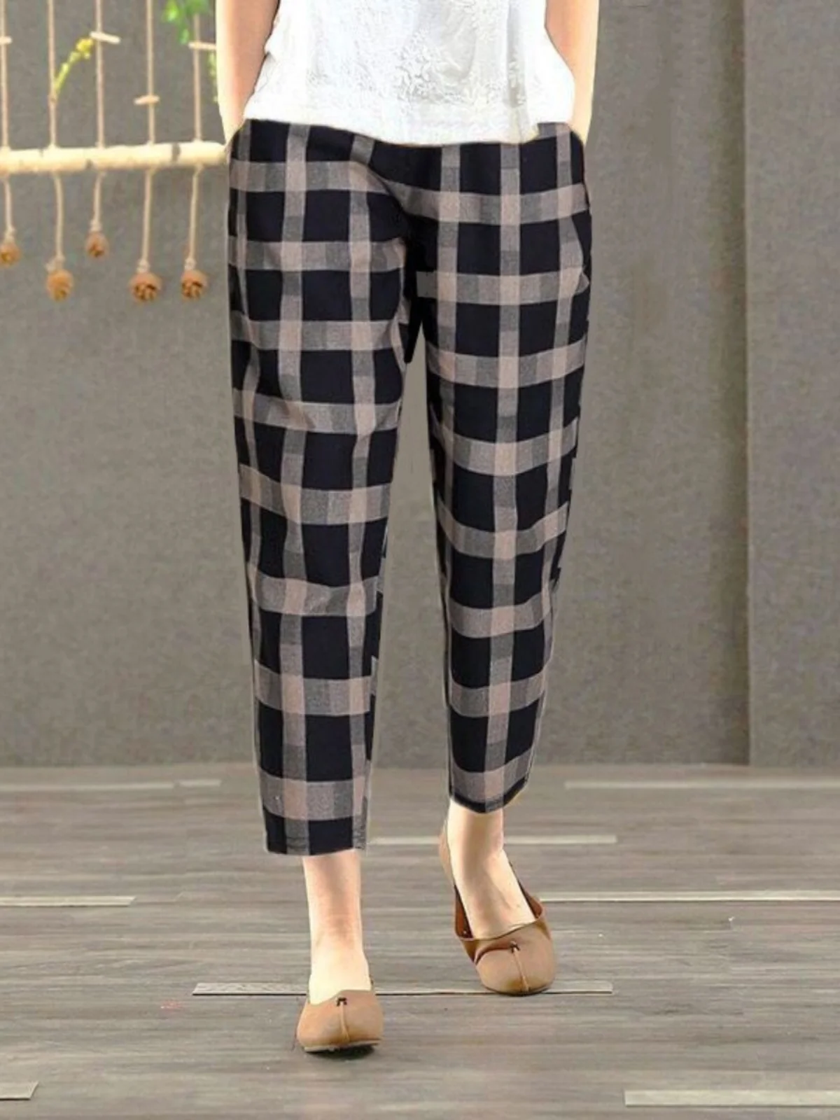 Neue Baumwolle Mischung frauen Breite Bein Hosen Plaid Print Abnehmen Sommer Faionable Hohe Taille Lose Fit Casual Hosen
