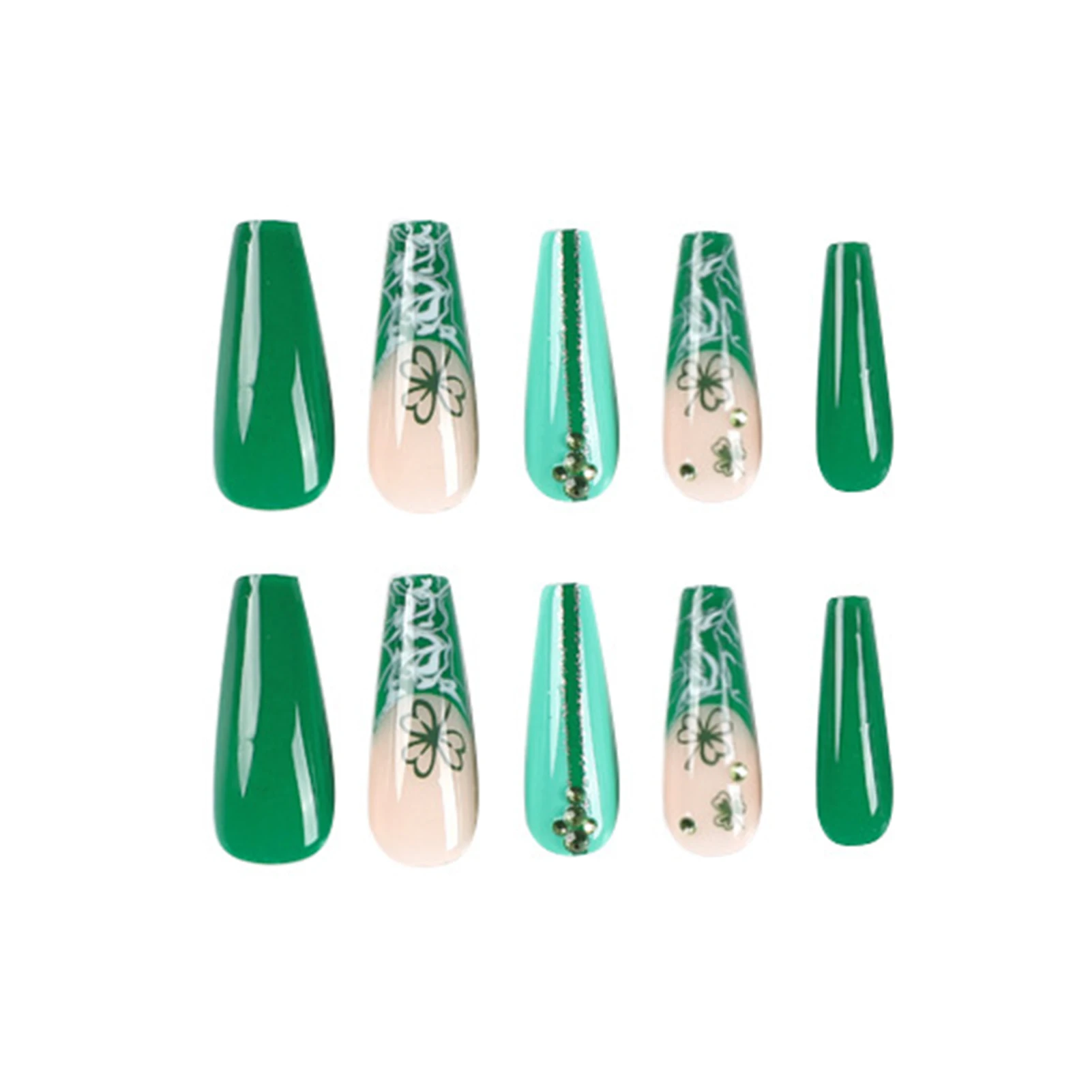 Green Fake Nails with Four-leaf Clover Printed Charming Comfortable to Wear Manicure Nails for Manicure Lovers and Beauty