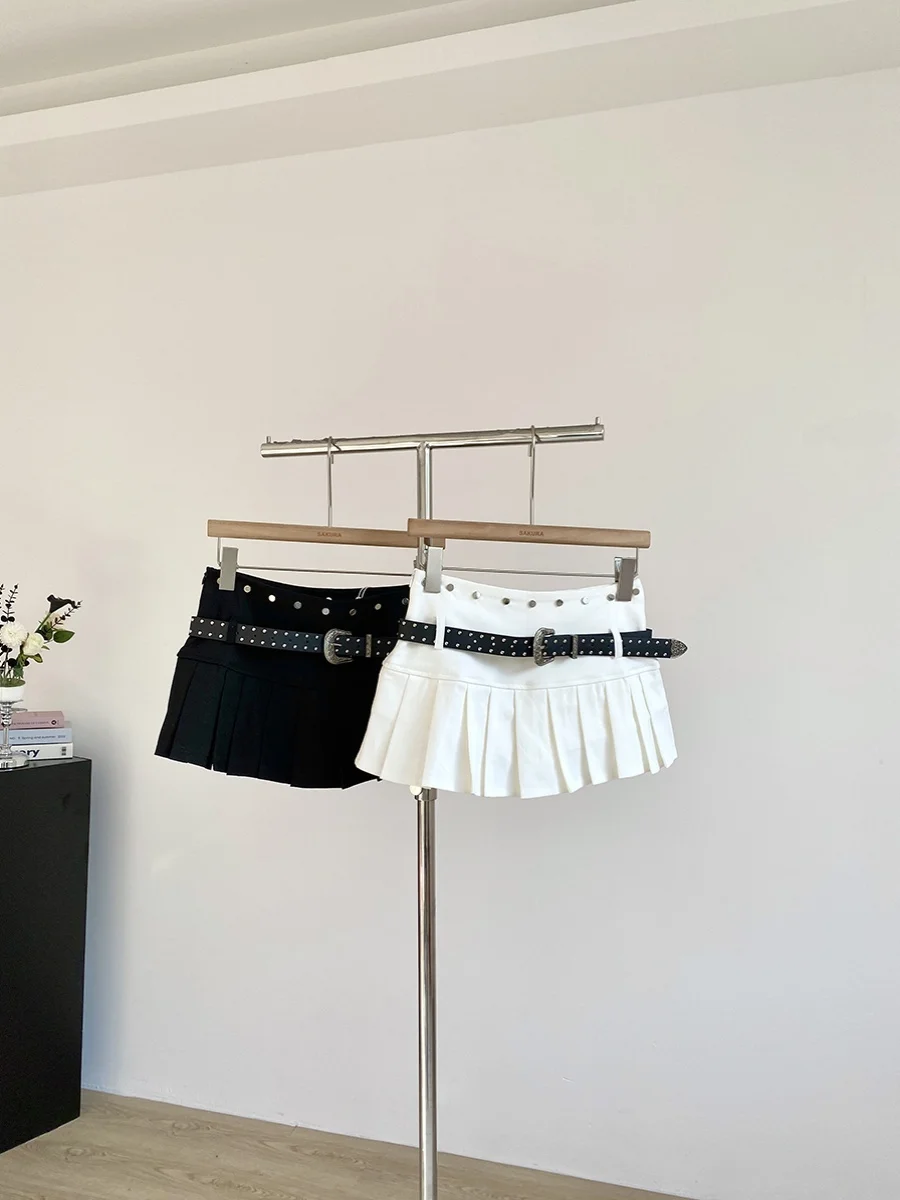 

White High Waist Pleated Skirt for Women Summer 2025 New Korean Style Ins Small Size Anti-Light Half Body Skirt with Belt