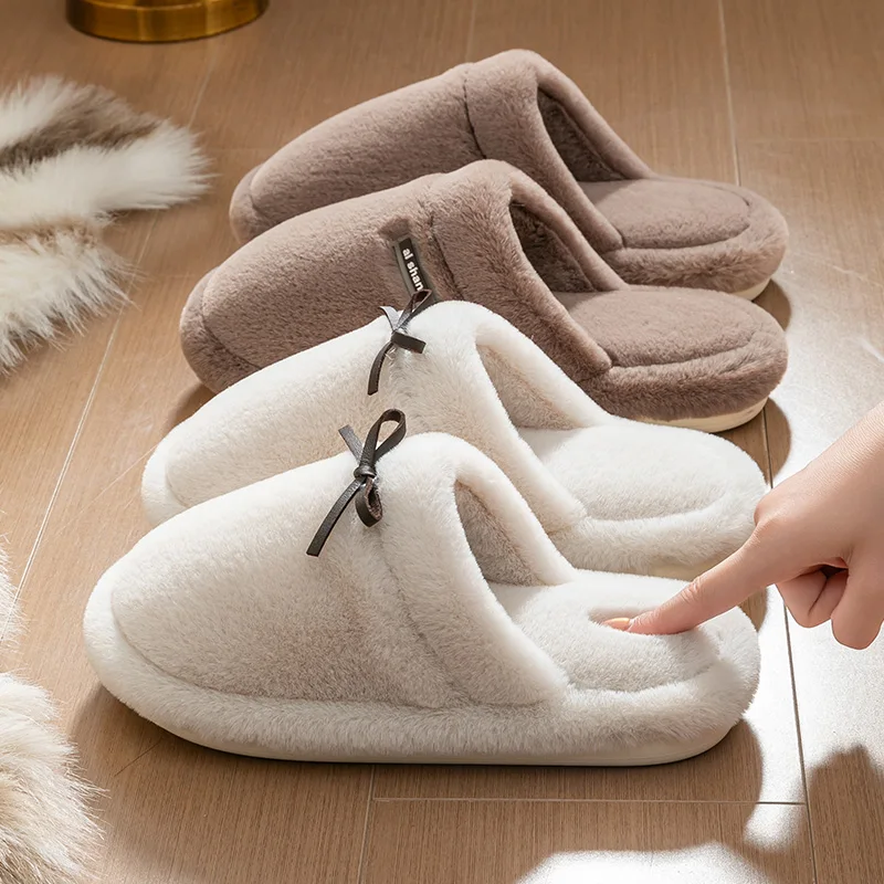 شباشب قطنية على شكل فيونكة للنساء، ملابس خارجية جديدة للخريف/الشتاء بنعال سميكة، شباشب منفوشة حرارية للزوجين في الأماكن المغلقة #2