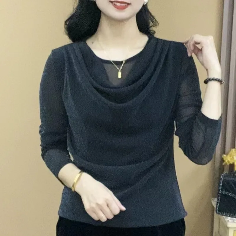 

Ele Long Sve T-irt Women's Elastic Me Base irt Mom's Faion Top Trendy Pure Color Commute Sle Autumn Spring