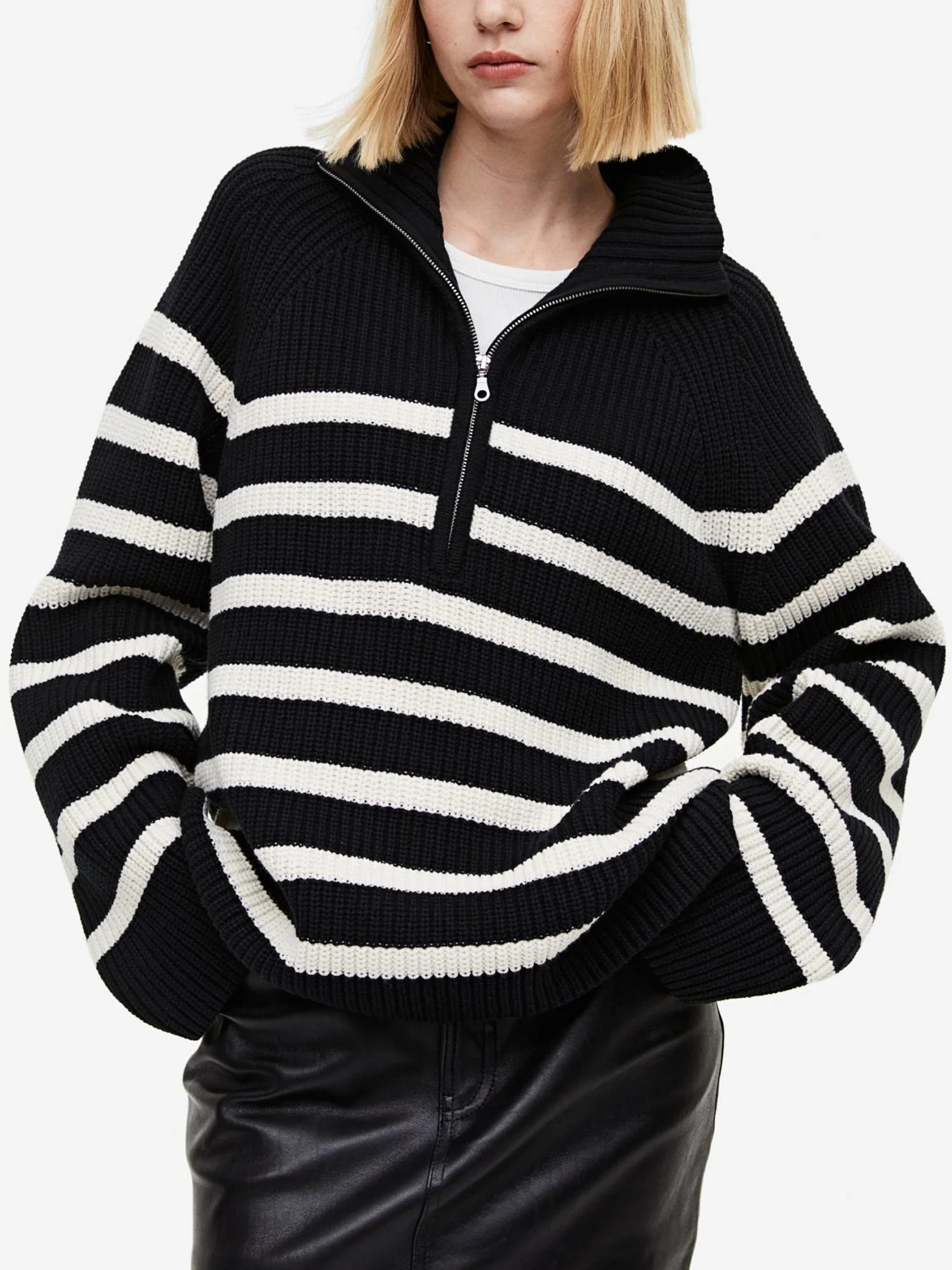 Fashion Women\'s Loose Striped Knitted Sweaters Quarter Zip-up Lapel Sweatshirt Long Sleeve Female Pullovers Chic Knitwear Tops