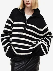 Fashion Women's Loose Striped Knitted Sweaters Quarter Zip-up Lapel Sweatshirt Long Sleeve Female Pullovers Chic Knitwear Tops