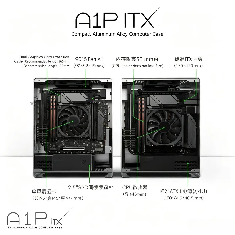 A1P Full Aluminum Mini ITX Case, 5.8L Micro Desktop Chassis with FLEX-1U PSU Support, Portable PC