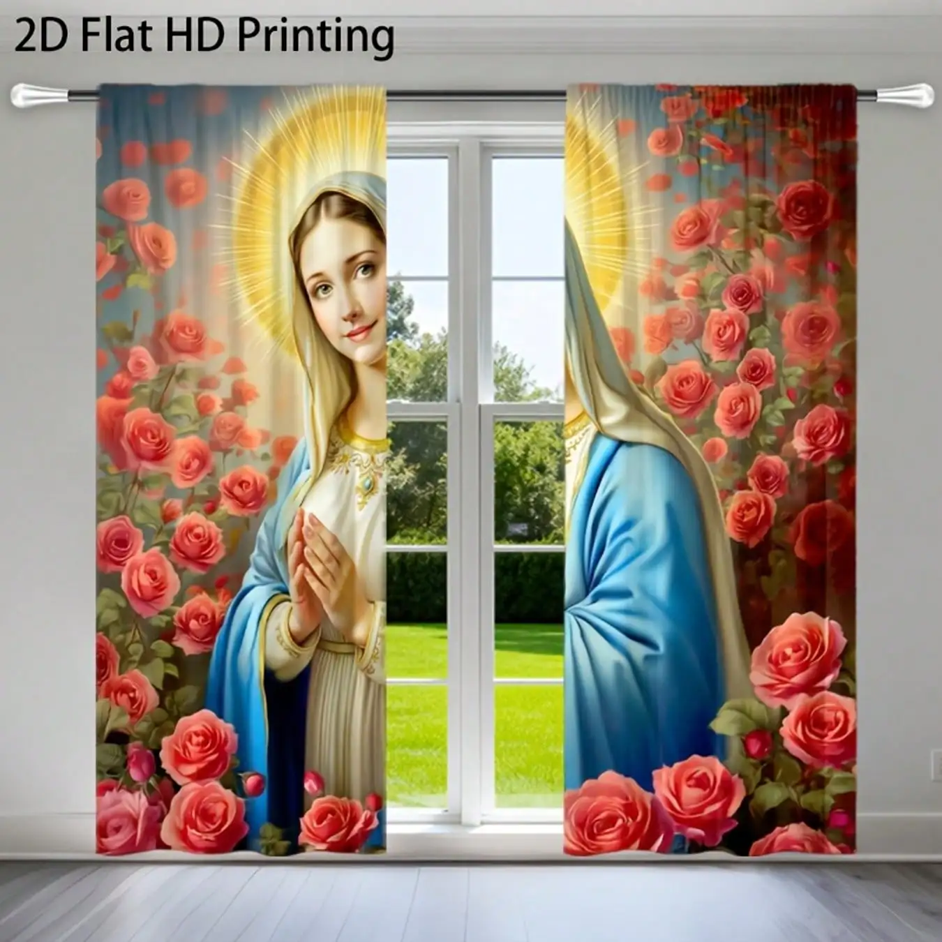 2D Flat, 2pcs Panels Virgin Mary Curtains Suitable For Christmas Decor, Filtering Sheers - Modern Religious Window Treatments