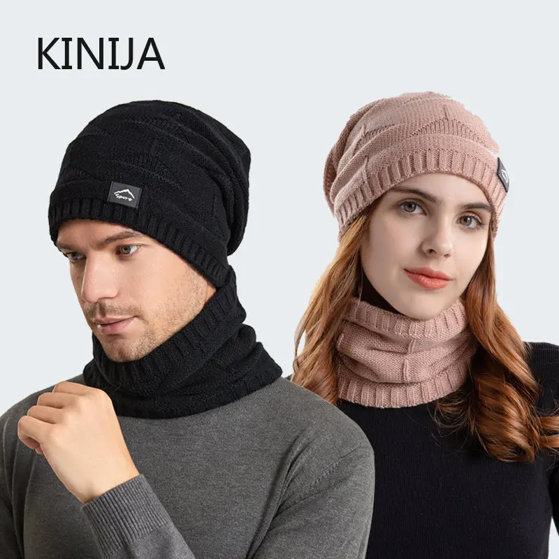 Winter Plush Hat Scarf Set Women Two-piece Warm Ear Protection Knitted Wool Hat Outdoor Thick Coldproof Warm Cap Beanies for Men