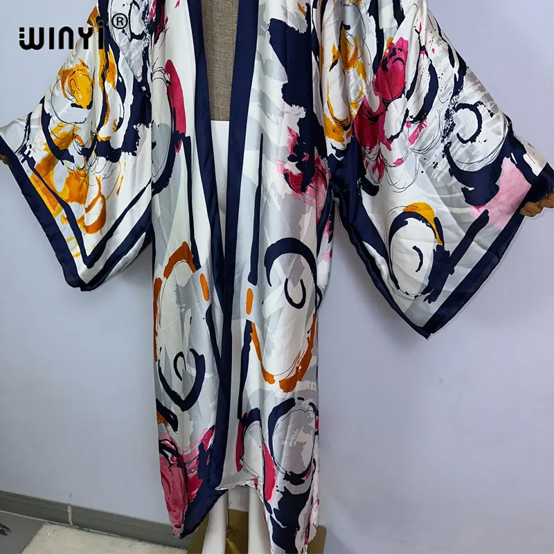 WINYI summer Bohemian Print Bikini Cover-ups Elegant fashion kimono Cardigan sexy Holiday long Sleeve silk feeling loose dress