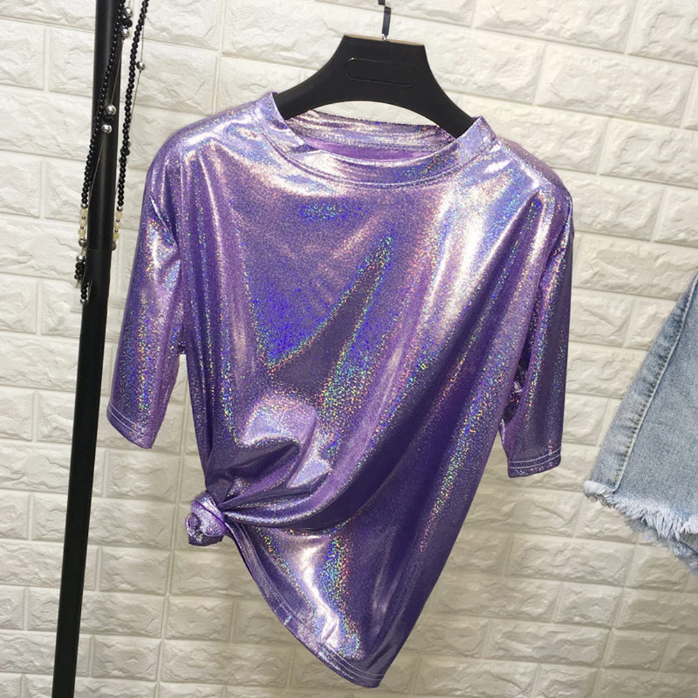 Womens Summer Solid Short Sleeve Round Neck Loose Polyester Tee Top Shiny Finish for Casual Daily and Holiday Wear