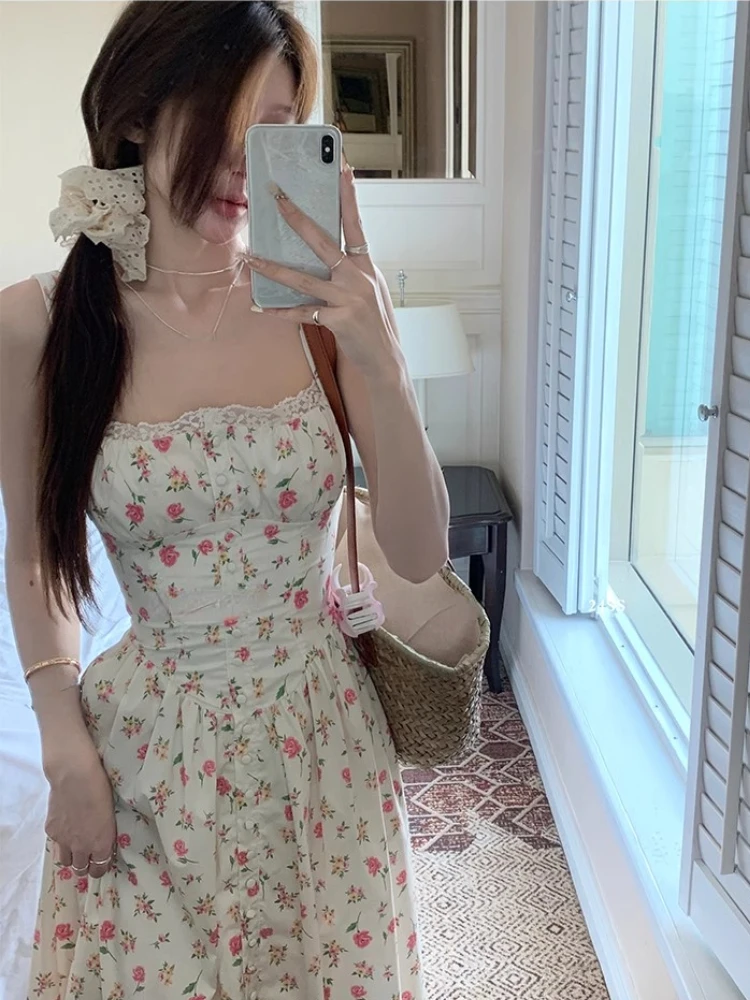Elegant Vintage Floral Midi Dress Women Beach Style Strap Dress Even Party Korean Fashion Clothing Y2k 2000s Bodycon Slim Summer