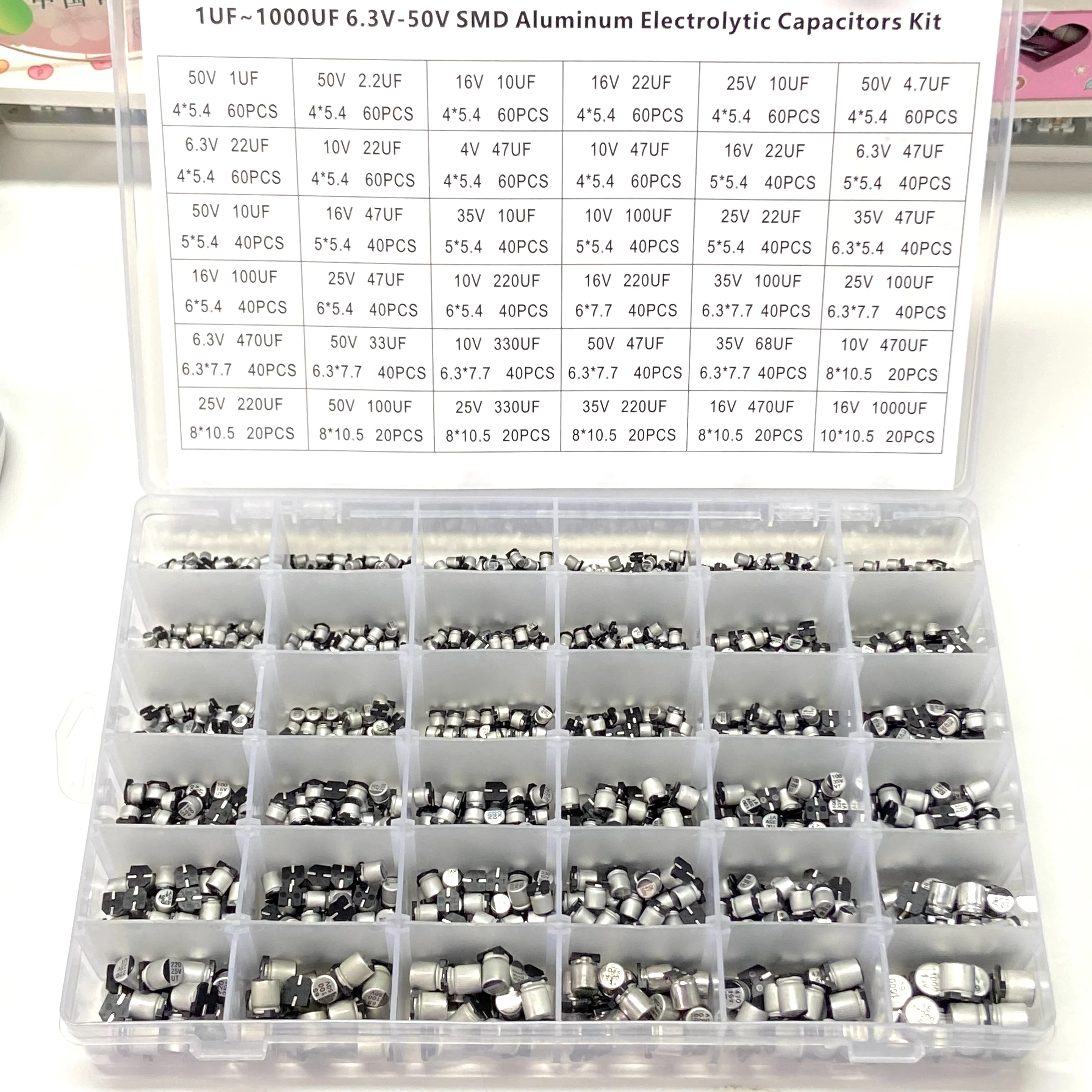 1500PCS SMD Chip Aluminum Electrolytic Capacitors Sample Box 36values Chip Aluminum Electrolytic Capacitors 1UF~1000UF 4V-60V