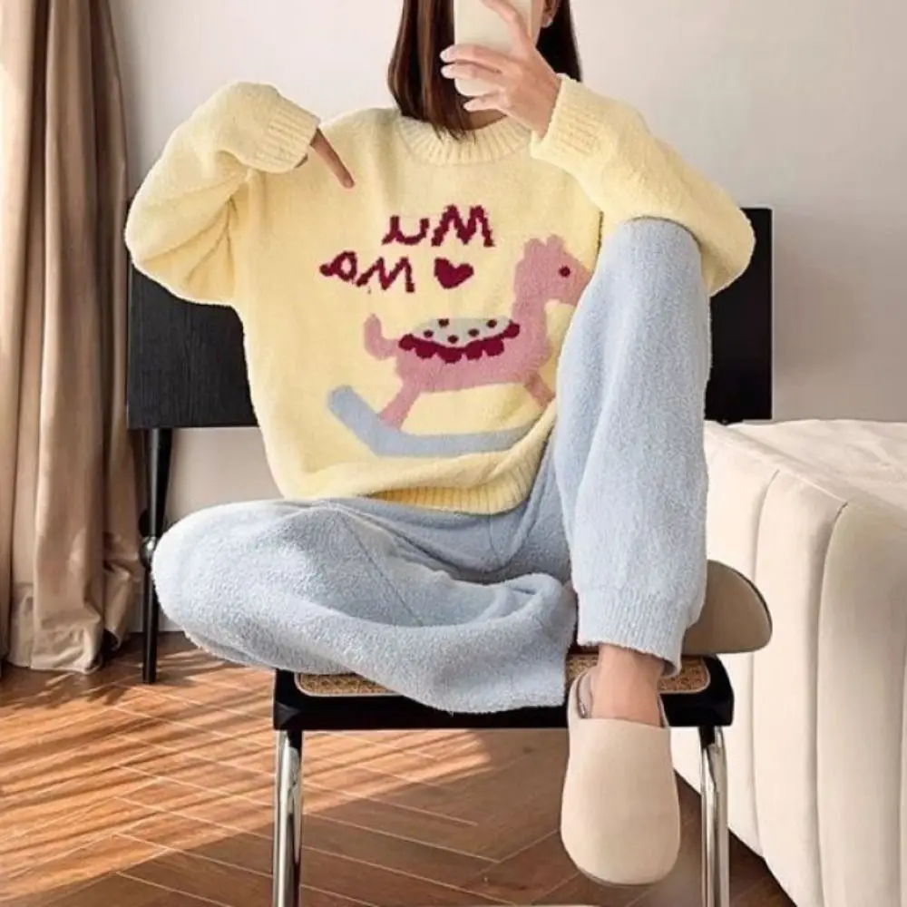

Comfortable Horse Fleece Pajamas Set Long Sleeve Kawaii Thicken Warm Sleepwear Duck Rabbit Loose Winter Nightwear Women