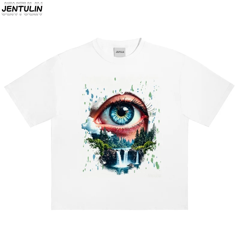 Men Hip Harajuku Eye Forest Waterfall Creative Visual Design Graphic White Short sleeved T-shirt Casual Top Unisex Y2k Clothing