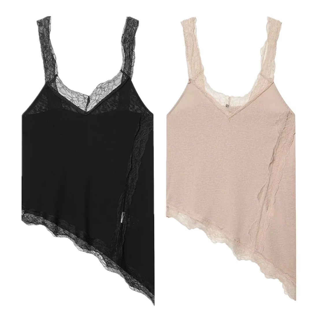 

Maxdutti 2026 Summer Minimalist French Asymmetrical Lace Knit Top Sleeveless T-shirt Woman Clothes Female Clothing
