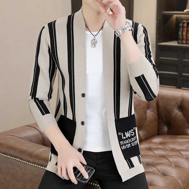 

Mens Brand Spring Autumn Cardigan Sweater Mens Fashion Casual stripe Print V-neck Sweater Coats Street Knitted Jacket