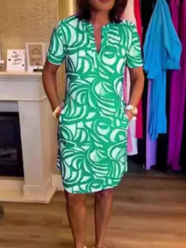 Sukienka w modny wzór, damska, codzienna, z dekoltem w serek, krótkim rękawem, luźna, dla kobiet, w stylu boho, na wakacje, na plażę, spódnica, odzież damska, nowość na lato.