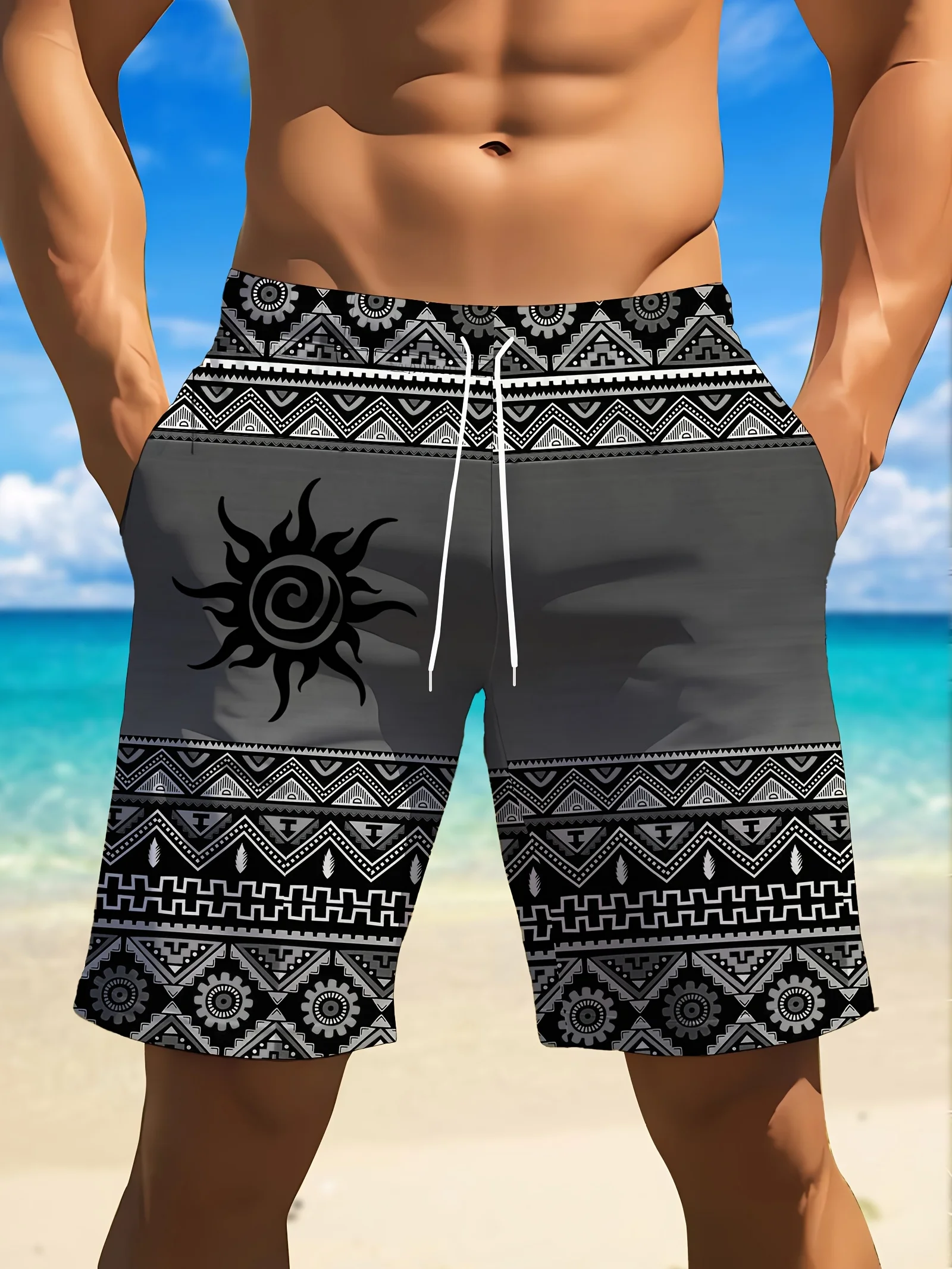 

Винтажные мужские пляжные шорты с этническим 3D-принтом, летние повседневные шорты с карманами на шнурке, стильные свободные шорты-бордшорты